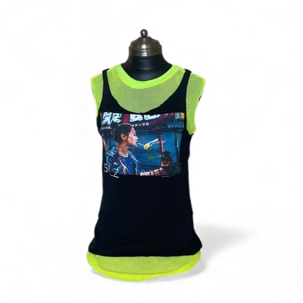 Neon Yellow and Black Graphic Mesh Tank Top two in one bundle